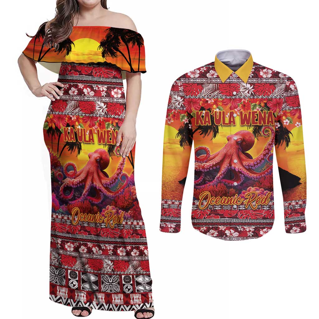Hawaii KaUla Wena Octopus Couples Matching Off Shoulder Maxi Dress and Long Sleeve Button Shirt Oceanic Red with Corals and Tropical On Sunset Landscape LT03 Red - Polynesian Pride