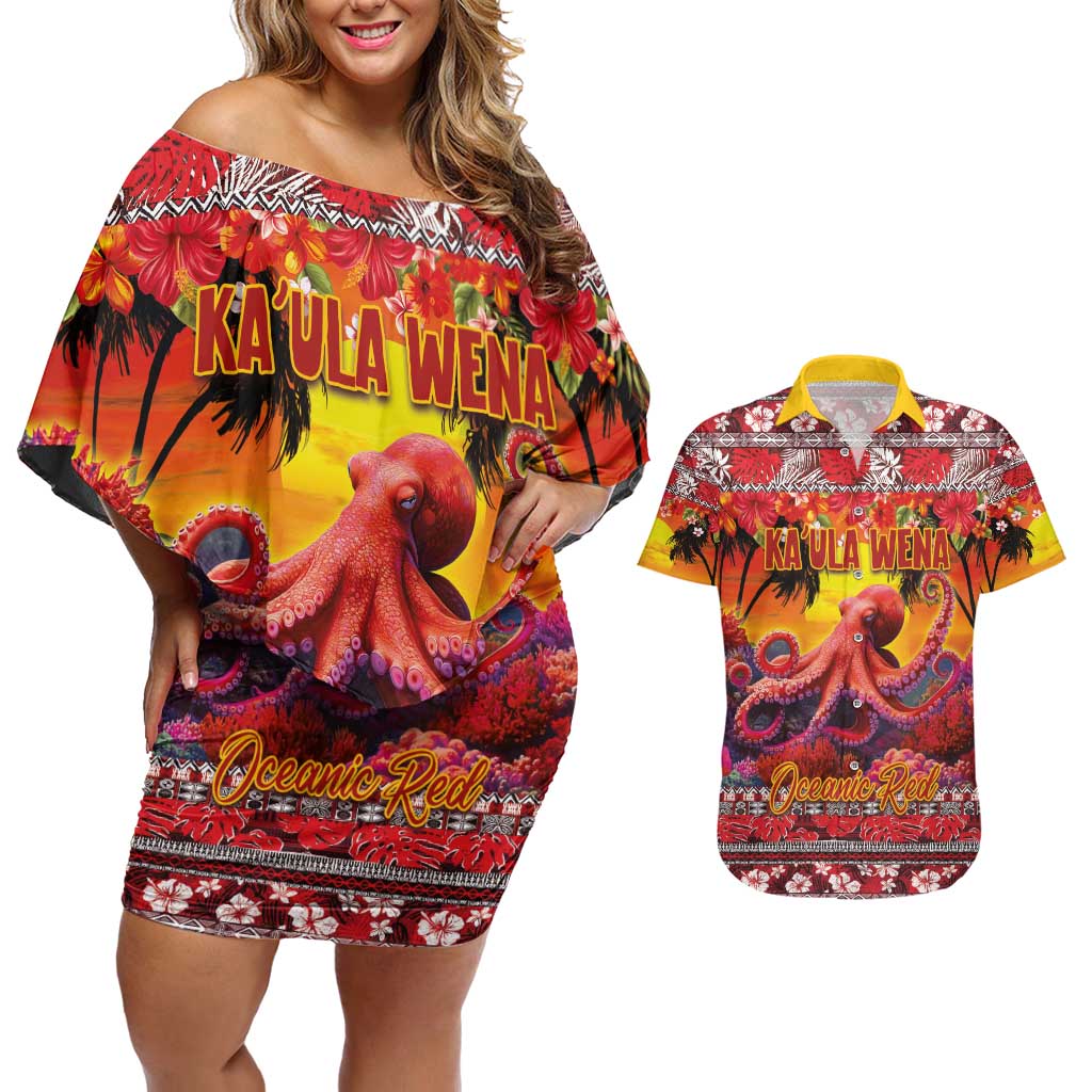 Hawaii KaUla Wena Octopus Couples Matching Off Shoulder Short Dress and Hawaiian Shirt Oceanic Red with Corals and Tropical On Sunset Landscape LT03 Red - Polynesian Pride