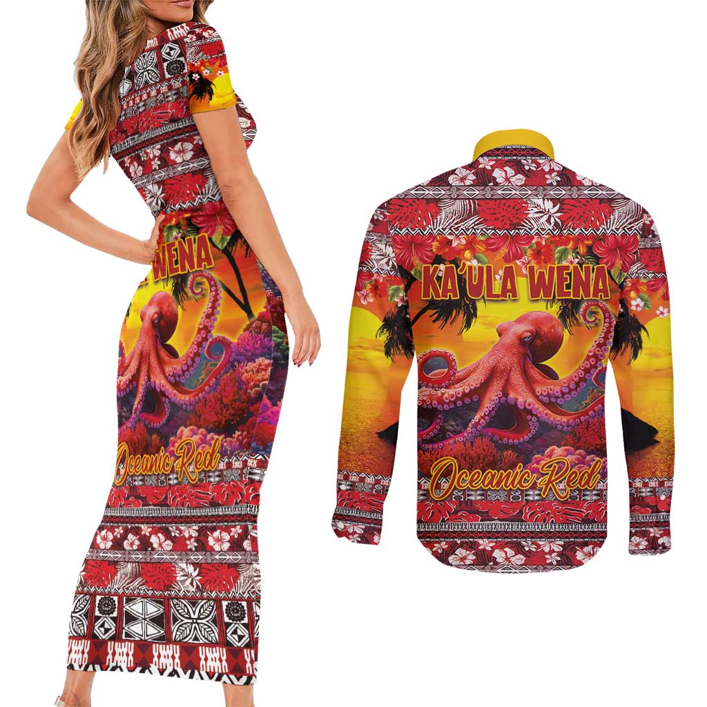 Hawaii KaʻUla Wena Octopus Couples Matching Short Sleeve Bodycon Dress and Long Sleeve Button Shirt Oceanic Red with Corals and Tropical On Sunset Landscape