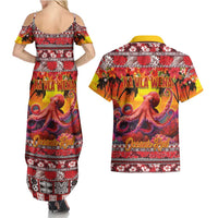 Hawaii KaʻUla Wena Octopus Couples Matching Summer Maxi Dress and Hawaiian Shirt Oceanic Red with Corals and Tropical On Sunset Landscape