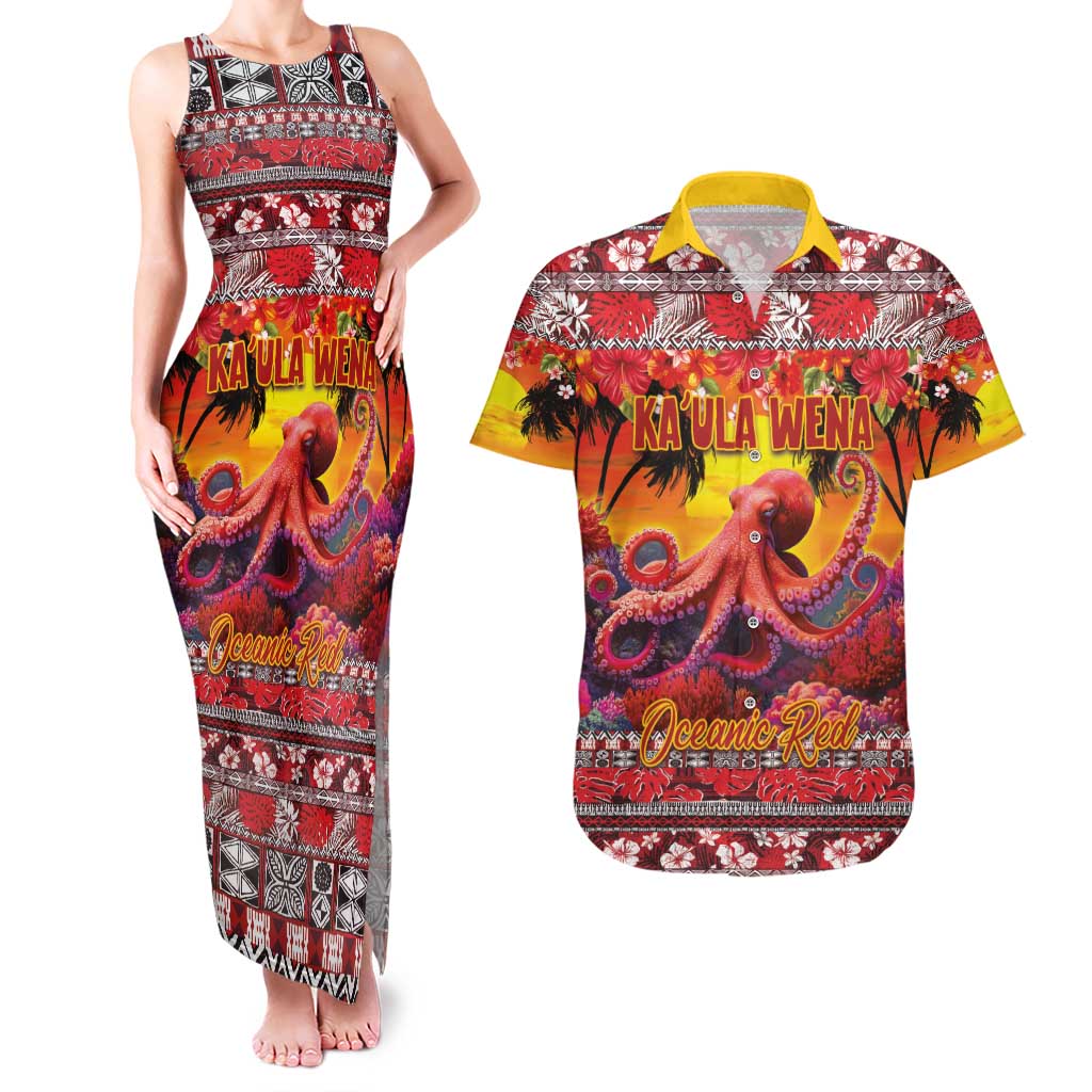 Hawaii KaʻUla Wena Octopus Couples Matching Tank Maxi Dress and Hawaiian Shirt Oceanic Red with Corals and Tropical On Sunset Landscape