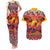 Hawaii KaʻUla Wena Octopus Couples Matching Tank Maxi Dress and Hawaiian Shirt Oceanic Red with Corals and Tropical On Sunset Landscape