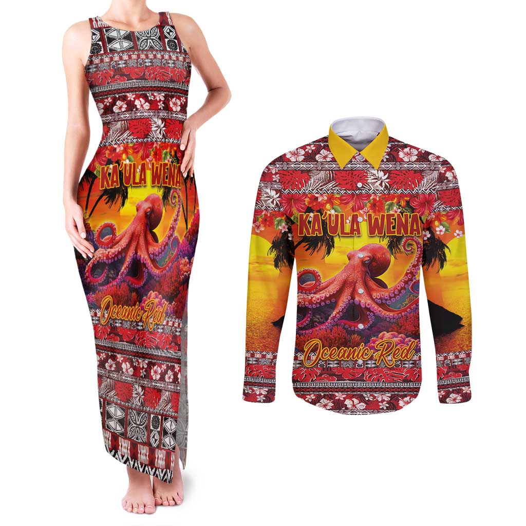 Hawaii KaUla Wena Octopus Couples Matching Tank Maxi Dress and Long Sleeve Button Shirt Oceanic Red with Corals and Tropical On Sunset Landscape LT03 Red - Polynesian Pride