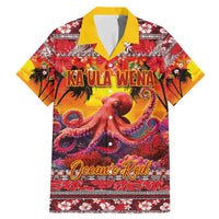 Hawaii KaʻUla Wena Octopus Family Matching Mermaid Dress and Hawaiian Shirt Oceanic Red with Corals and Tropical On Sunset Landscape