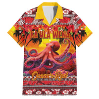 Hawaii KaʻUla Wena Octopus Family Matching Off The Shoulder Long Sleeve Dress and Hawaiian Shirt Oceanic Red with Corals and Tropical On Sunset Landscape