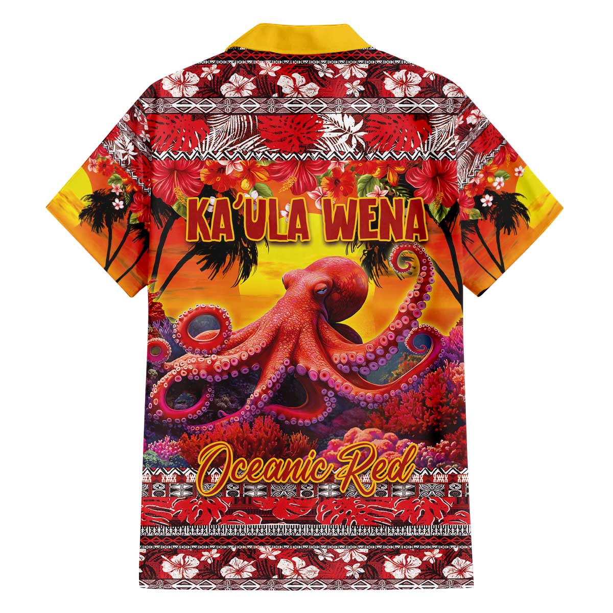 Hawaii KaʻUla Wena Octopus Family Matching Off The Shoulder Long Sleeve Dress and Hawaiian Shirt Oceanic Red with Corals and Tropical On Sunset Landscape