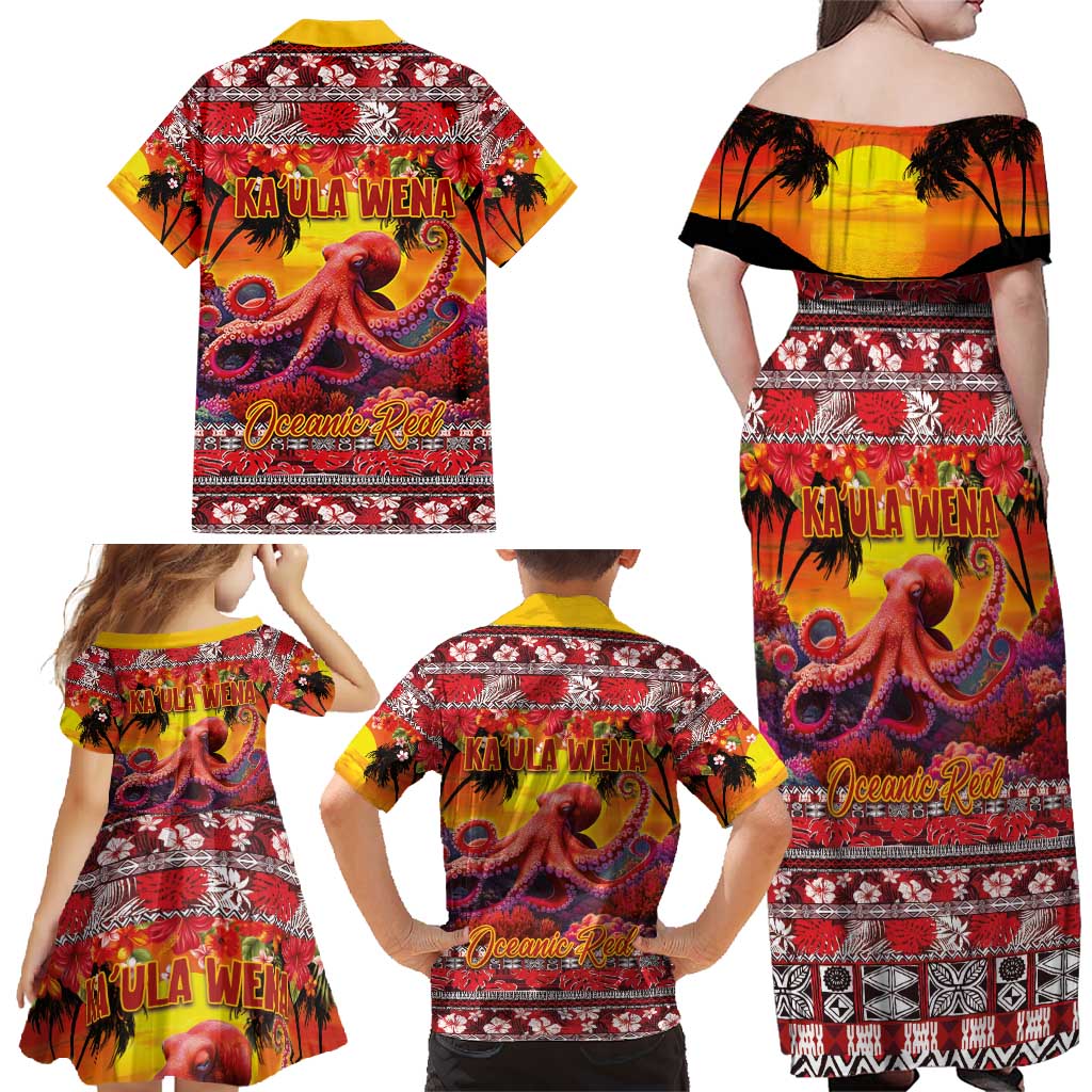 Hawaii KaʻUla Wena Octopus Family Matching Off Shoulder Maxi Dress and Hawaiian Shirt Oceanic Red with Corals and Tropical On Sunset Landscape