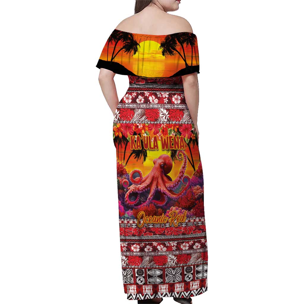 Hawaii KaʻUla Wena Octopus Family Matching Off Shoulder Maxi Dress and Hawaiian Shirt Oceanic Red with Corals and Tropical On Sunset Landscape