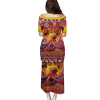 Hawaii KaʻUla Wena Octopus Family Matching Puletasi and Hawaiian Shirt Oceanic Red with Corals and Tropical On Sunset Landscape