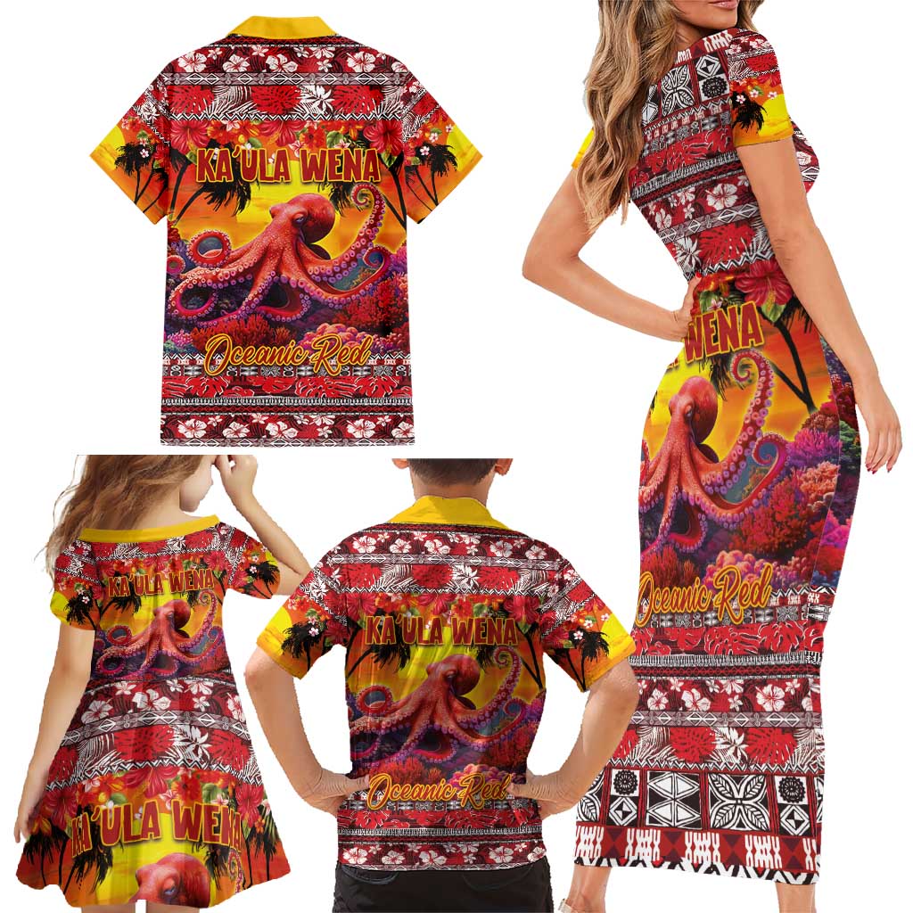 Hawaii KaʻUla Wena Octopus Family Matching Short Sleeve Bodycon Dress and Hawaiian Shirt Oceanic Red with Corals and Tropical On Sunset Landscape