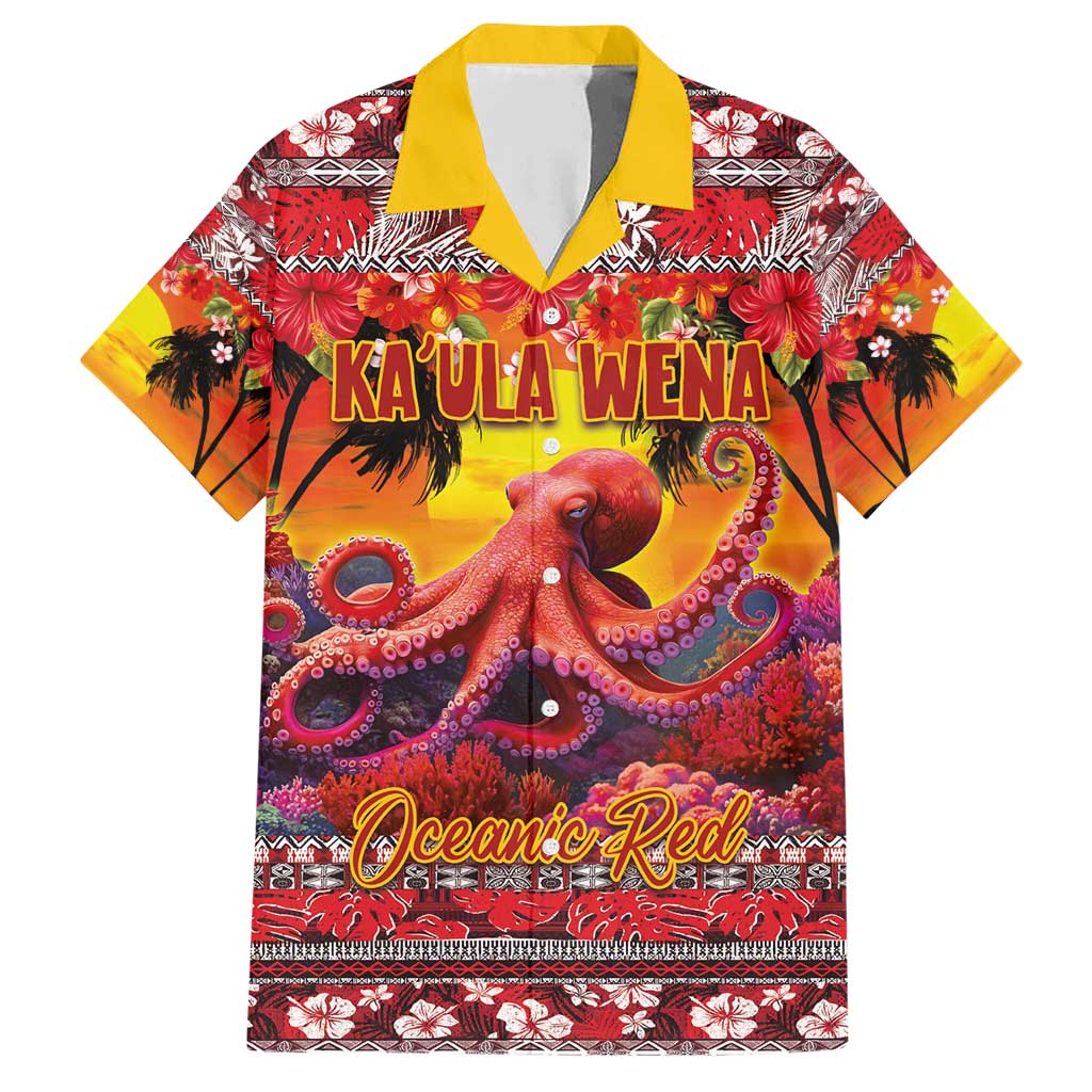 Hawaii KaʻUla Wena Octopus Family Matching Short Sleeve Bodycon Dress and Hawaiian Shirt Oceanic Red with Corals and Tropical On Sunset Landscape