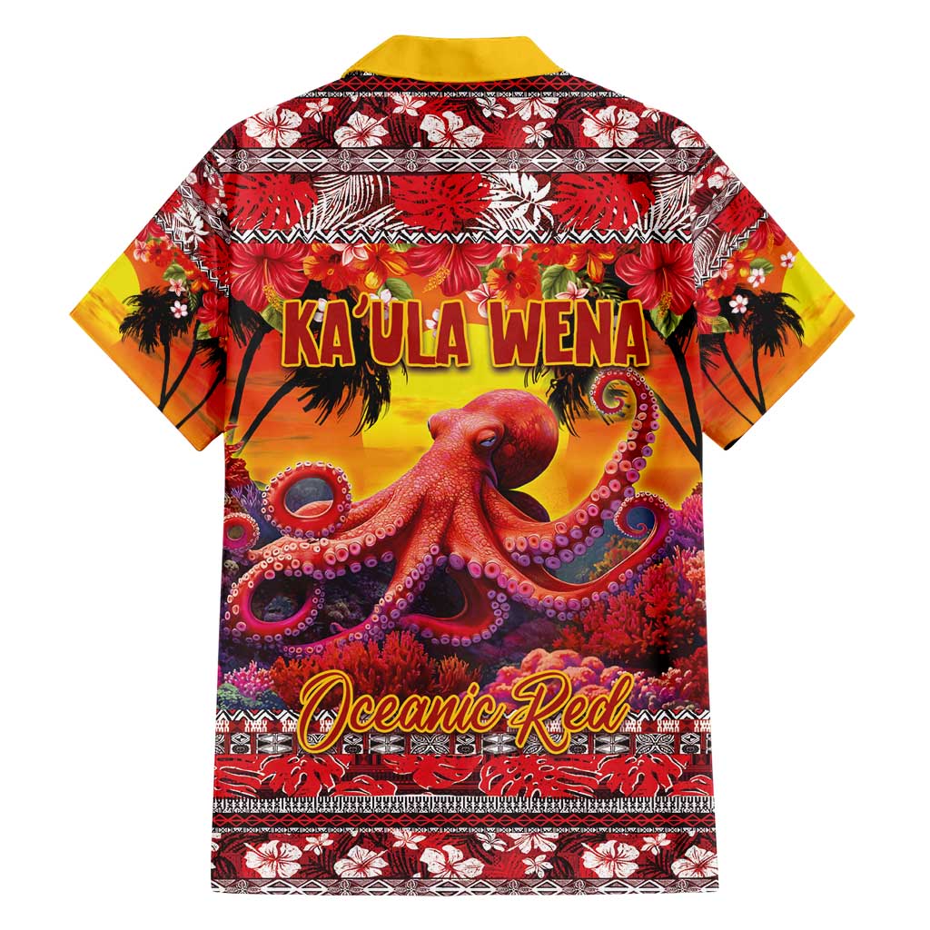 Hawaii KaʻUla Wena Octopus Family Matching Short Sleeve Bodycon Dress and Hawaiian Shirt Oceanic Red with Corals and Tropical On Sunset Landscape