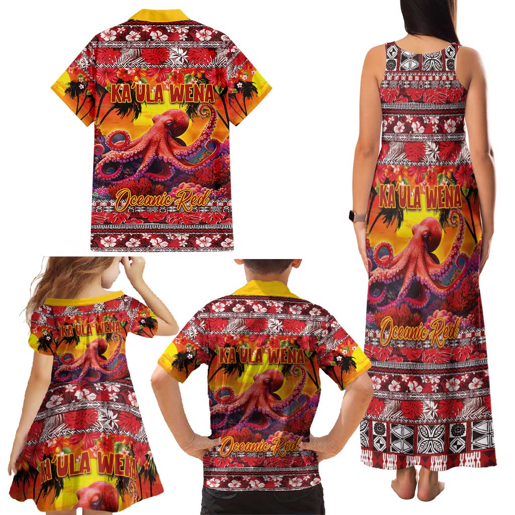 Hawaii KaʻUla Wena Octopus Family Matching Tank Maxi Dress and Hawaiian Shirt Oceanic Red with Corals and Tropical On Sunset Landscape