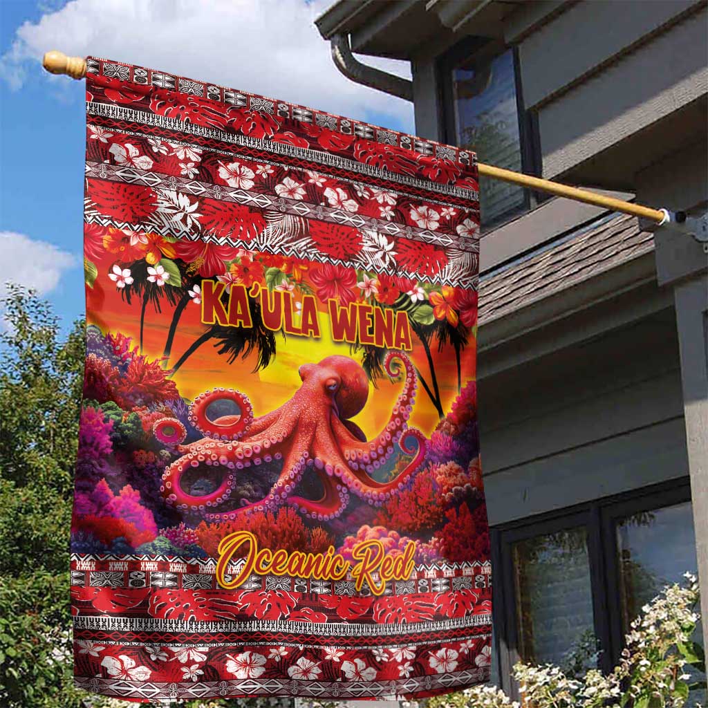 Hawaii KaUla Wena Octopus Garden Flag Oceanic Red with Corals and Tropical On Sunset Landscape LT03 - Polynesian Pride
