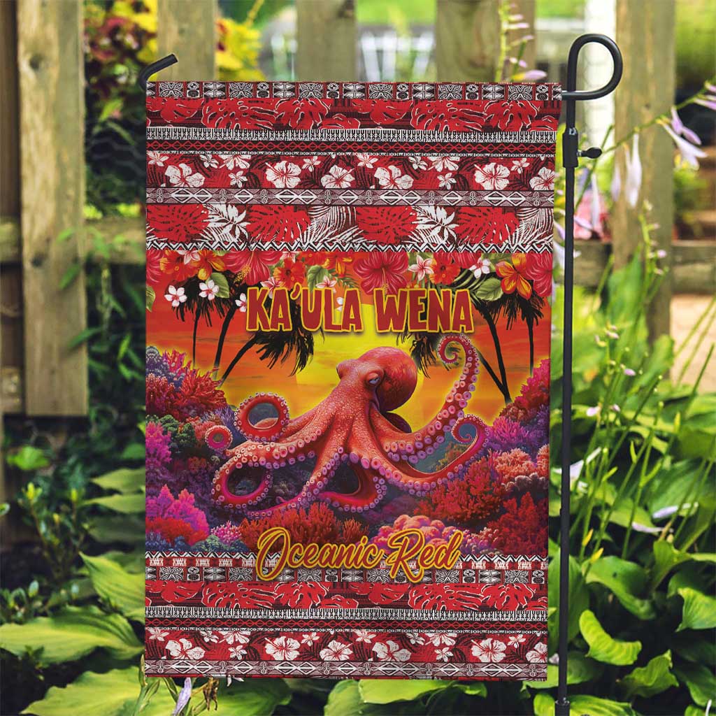 Hawaii KaUla Wena Octopus Garden Flag Oceanic Red with Corals and Tropical On Sunset Landscape LT03 Garden Flag Red - Polynesian Pride