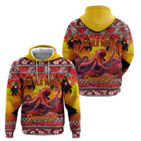 Hawaii KaʻUla Wena Octopus Hoodie Oceanic Red with Corals and Tropical On Sunset Landscape