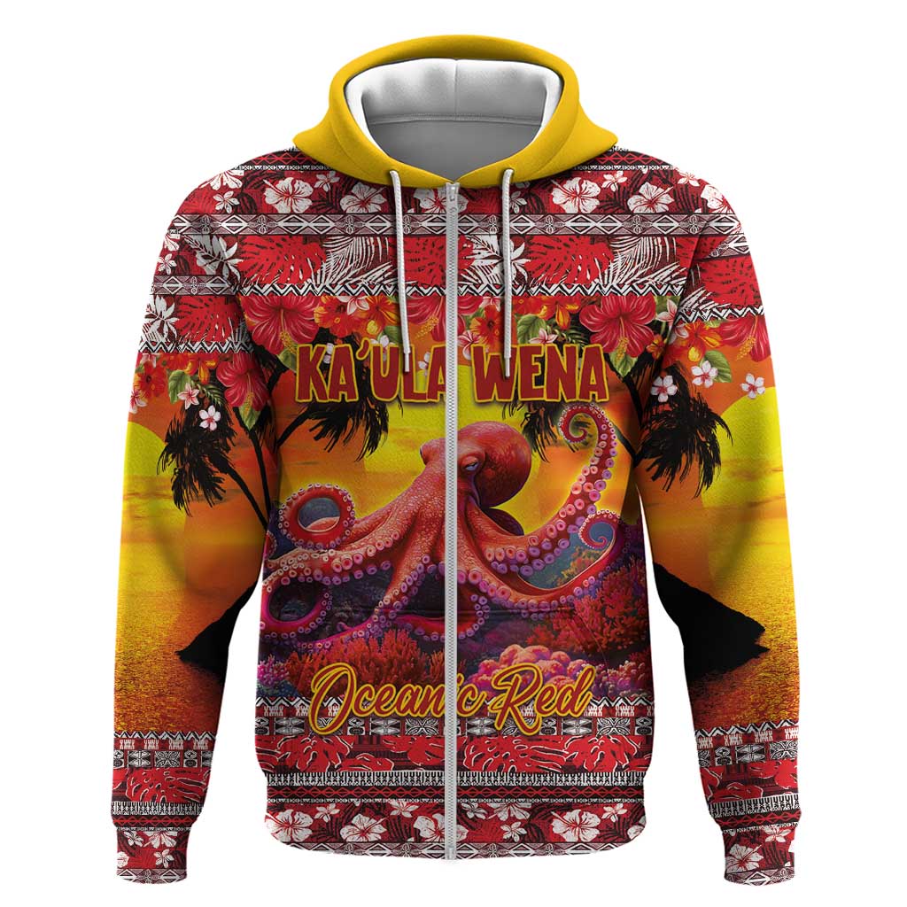 Hawaii KaʻUla Wena Octopus Hoodie Oceanic Red with Corals and Tropical On Sunset Landscape