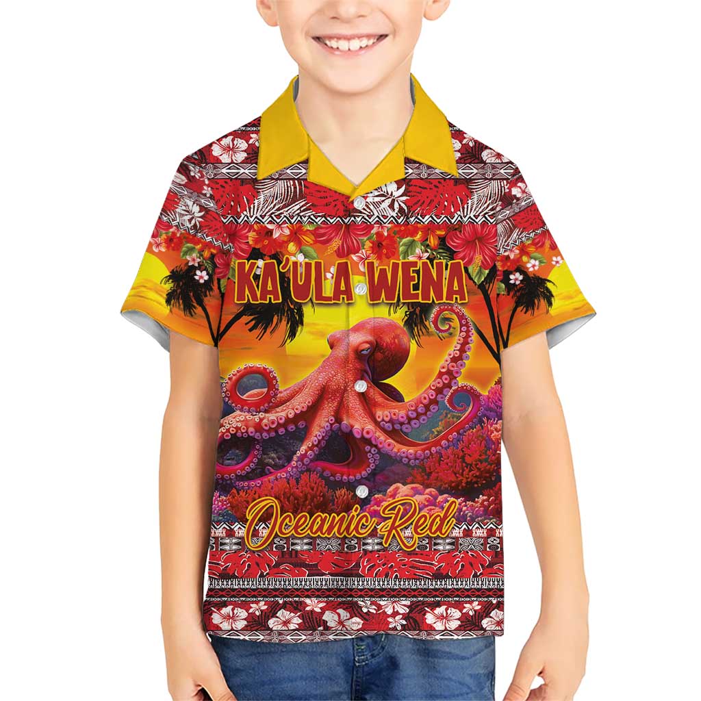 Hawaii KaUla Wena Octopus Kid Hawaiian Shirt Oceanic Red with Corals and Tropical On Sunset Landscape LT03 Kid Red - Polynesian Pride