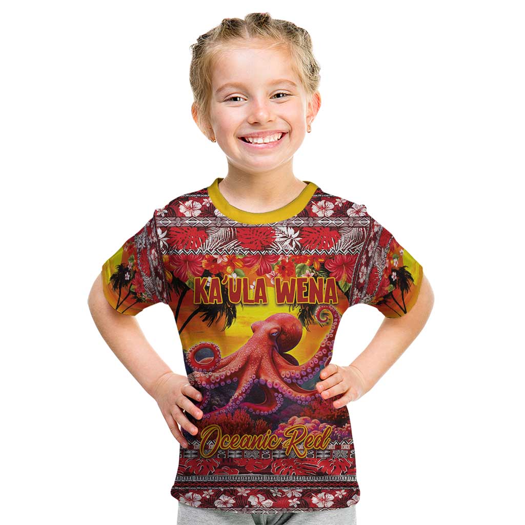 Hawaii KaUla Wena Octopus Kid T Shirt Oceanic Red with Corals and Tropical On Sunset Landscape LT03 Red - Polynesian Pride
