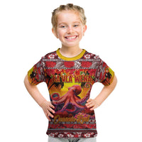 Hawaii KaʻUla Wena Octopus Kid T Shirt Oceanic Red with Corals and Tropical On Sunset Landscape