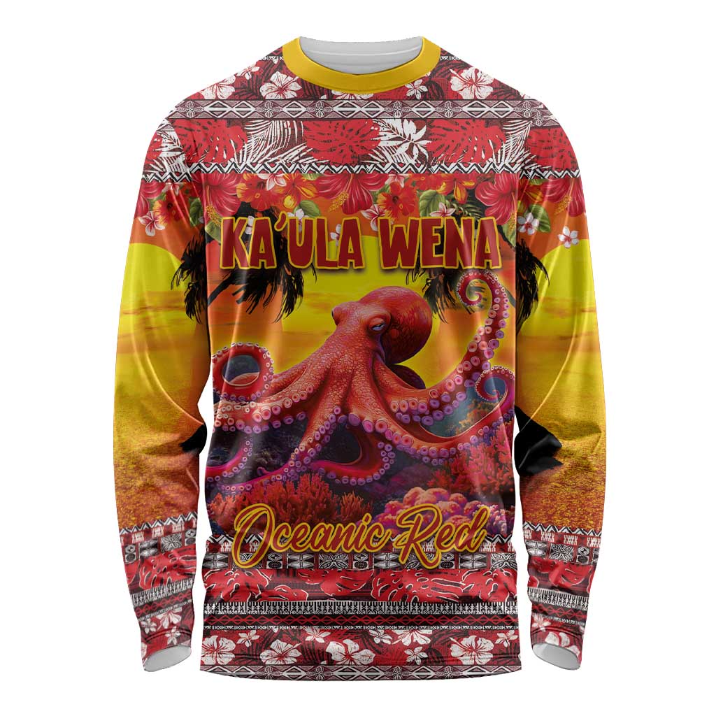 Hawaii KaUla Wena Octopus Long Sleeve Shirt Oceanic Red with Corals and Tropical On Sunset Landscape LT03 Unisex Red - Polynesian Pride