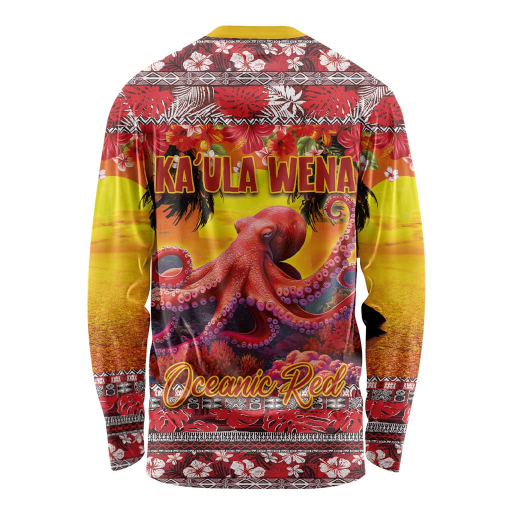 Hawaii KaUla Wena Octopus Long Sleeve Shirt Oceanic Red with Corals and Tropical On Sunset Landscape LT03 - Polynesian Pride