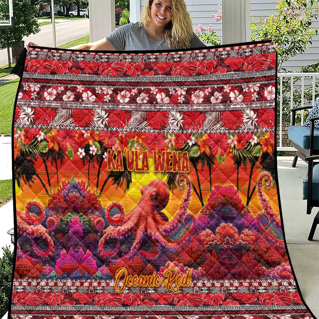 Hawaii KaUla Wena Octopus Quilt Oceanic Red with Corals and Tropical On Sunset Landscape LT03 Red - Polynesian Pride