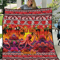 Hawaii KaUla Wena Octopus Quilt Oceanic Red with Corals and Tropical On Sunset Landscape LT03 Red - Polynesian Pride
