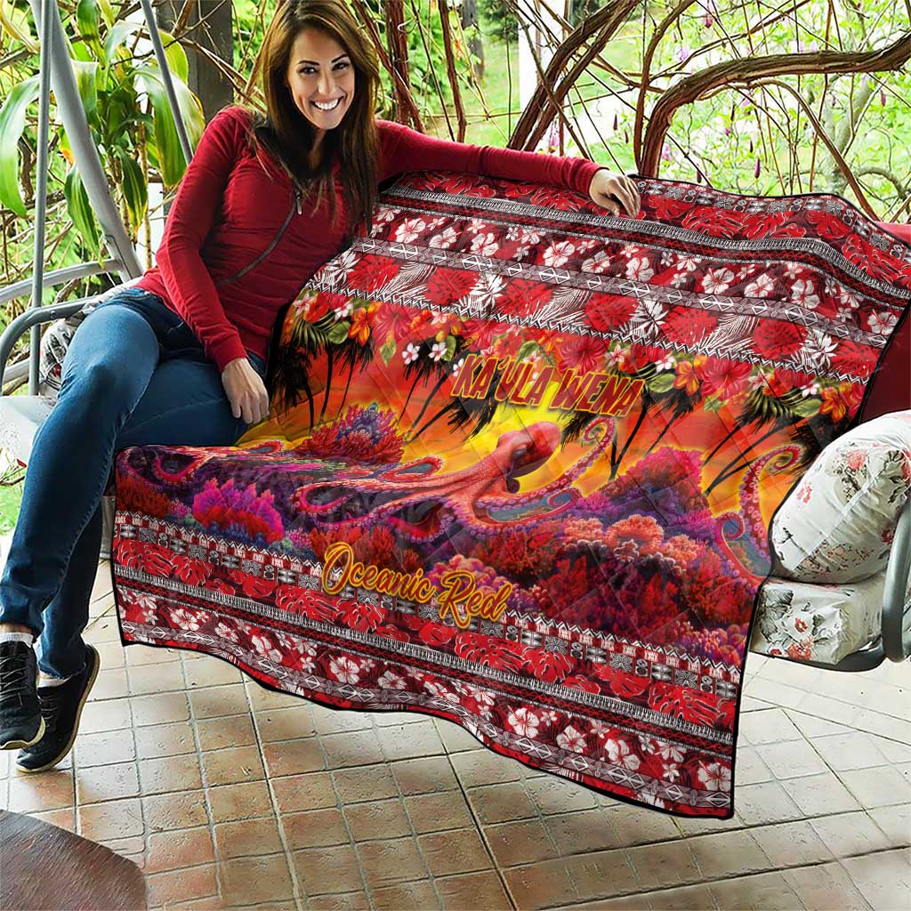 Hawaii KaUla Wena Octopus Quilt Oceanic Red with Corals and Tropical On Sunset Landscape LT03 - Polynesian Pride
