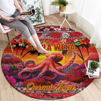 Hawaii KaUla Wena Octopus Round Carpet Oceanic Red with Corals and Tropical On Sunset Landscape LT03 - Polynesian Pride