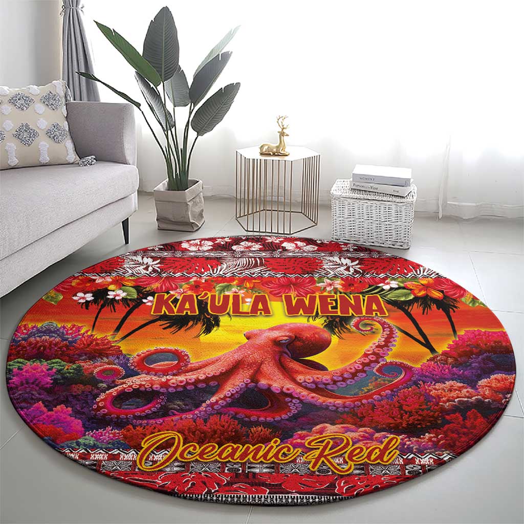 Hawaii KaUla Wena Octopus Round Carpet Oceanic Red with Corals and Tropical On Sunset Landscape LT03 - Polynesian Pride