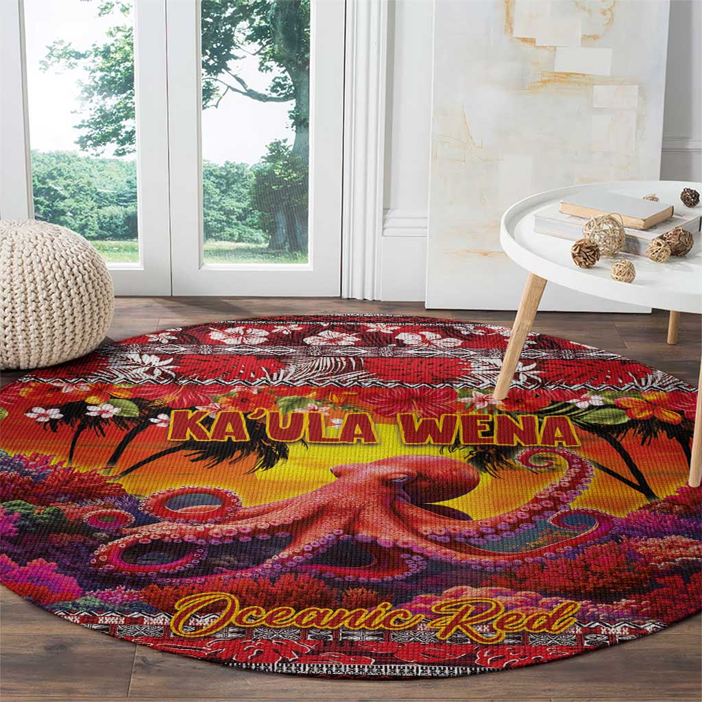 Hawaii KaUla Wena Octopus Round Carpet Oceanic Red with Corals and Tropical On Sunset Landscape LT03 - Polynesian Pride