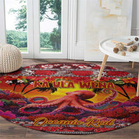 Hawaii KaUla Wena Octopus Round Carpet Oceanic Red with Corals and Tropical On Sunset Landscape LT03 - Polynesian Pride