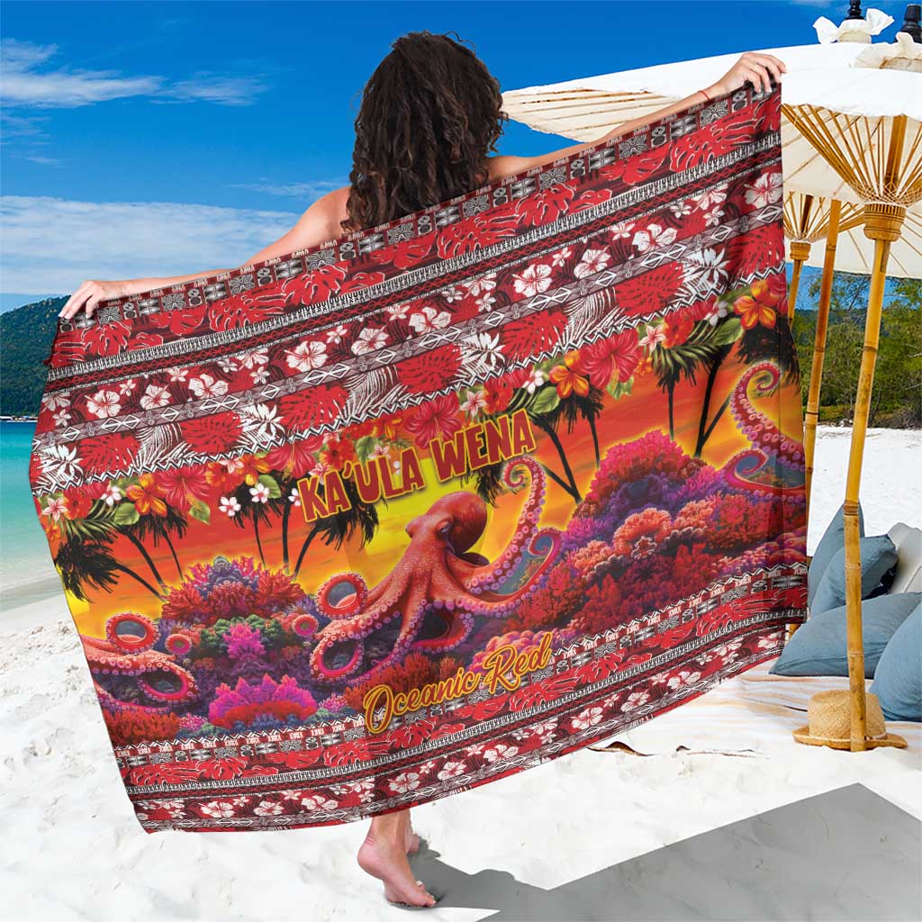 Hawaii KaUla Wena Octopus Sarong Oceanic Red with Corals and Tropical On Sunset Landscape LT03 One Size 44 x 66 inches Red - Polynesian Pride