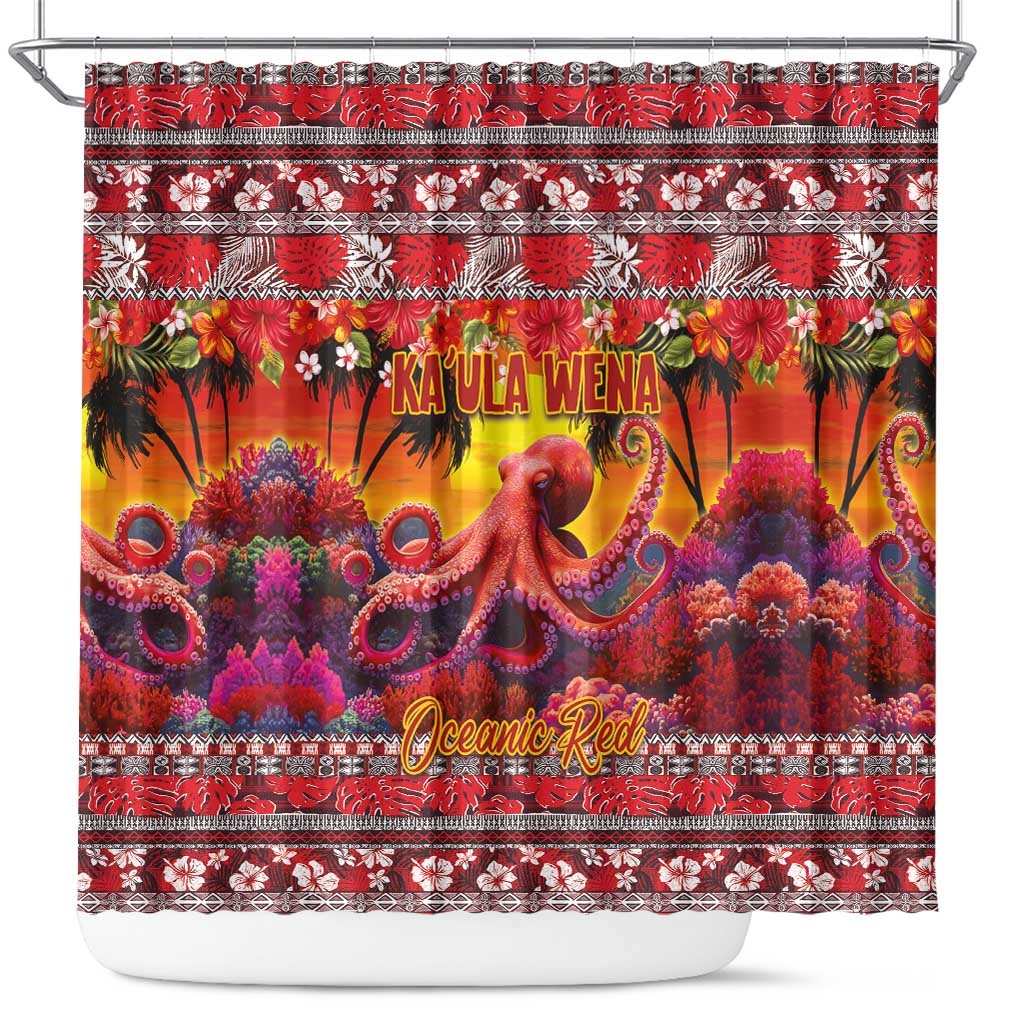 Hawaii KaUla Wena Octopus Shower Curtain Oceanic Red with Corals and Tropical On Sunset Landscape LT03 Red - Polynesian Pride