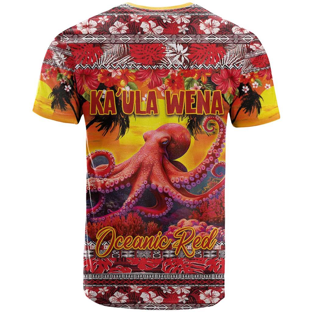 Hawaii KaʻUla Wena Octopus T Shirt Oceanic Red with Corals and Tropical On Sunset Landscape
