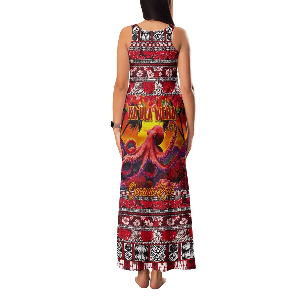 Hawaii KaʻUla Wena Octopus Tank Maxi Dress Oceanic Red with Corals and Tropical On Sunset Landscape