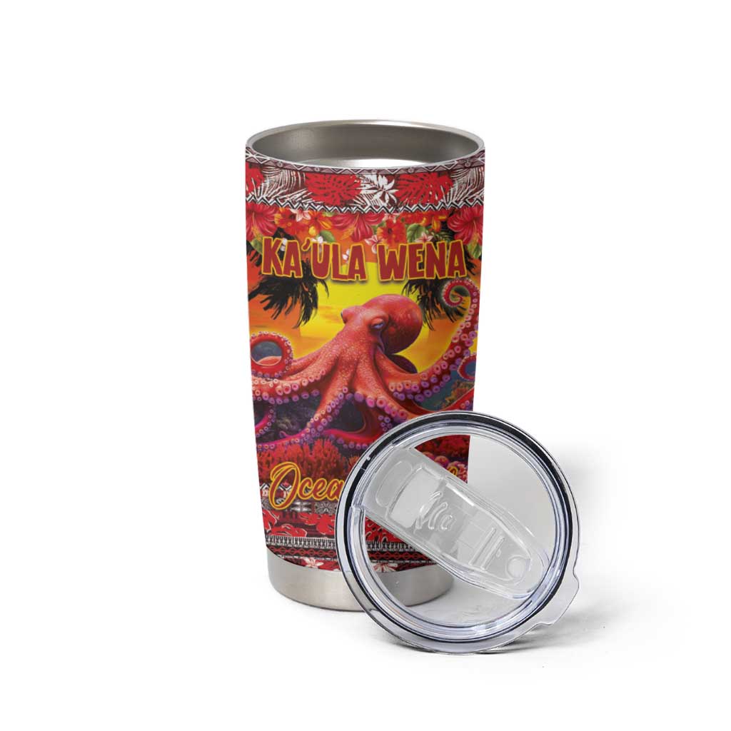 Hawaii KaʻUla Wena Octopus Tumbler Cup Oceanic Red with Corals and Tropical On Sunset Landscape