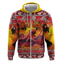 Hawaii KaʻUla Wena Octopus Zip Hoodie Oceanic Red with Corals and Tropical On Sunset Landscape