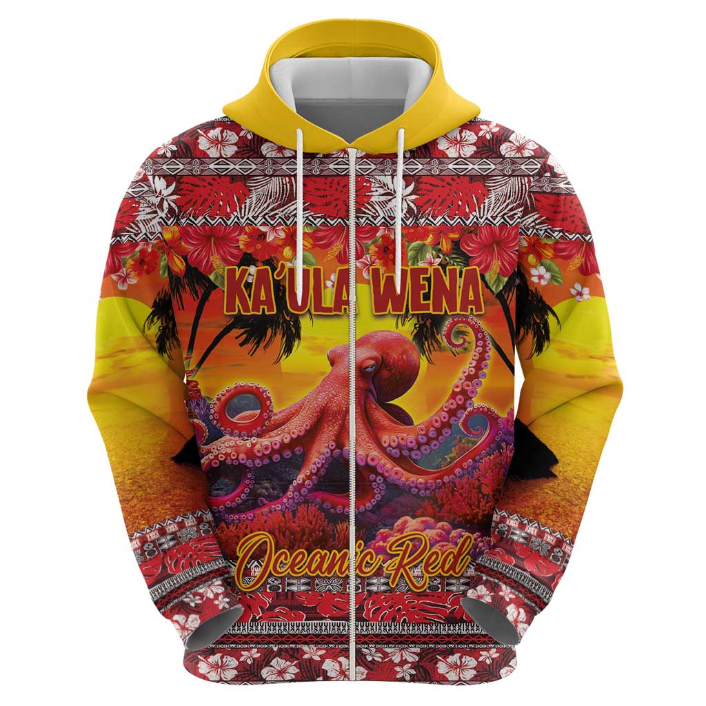 Hawaii KaʻUla Wena Octopus Zip Hoodie Oceanic Red with Corals and Tropical On Sunset Landscape