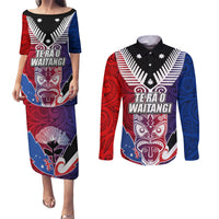 New Zealand Waitangi Couples Matching Puletasi and Long Sleeve Button Shirt Kia Ora Maori Koruru Tiki Mask LT03 Red - Polynesian Pride
