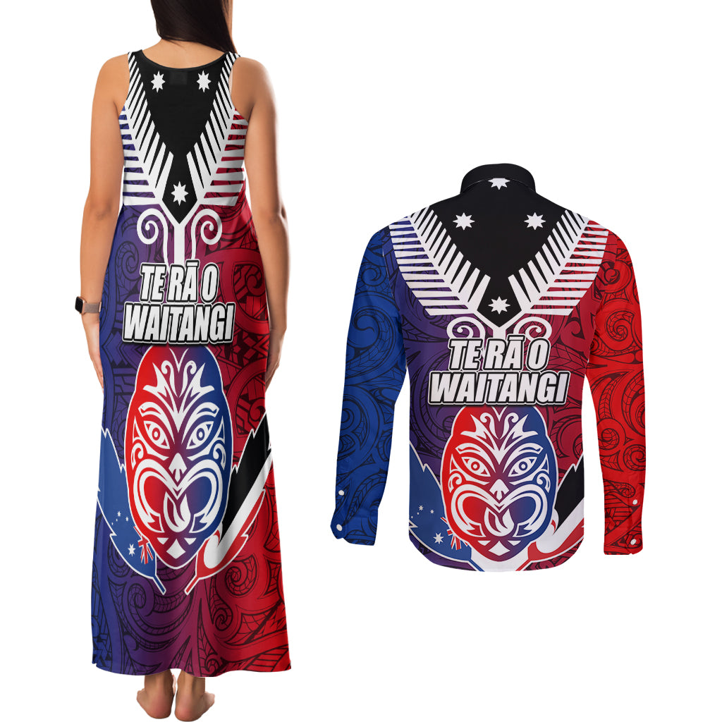 New Zealand Waitangi Couples Matching Tank Maxi Dress and Long Sleeve Button Shirt Kia Ora Maori Koruru Tiki Mask LT03 - Polynesian Pride