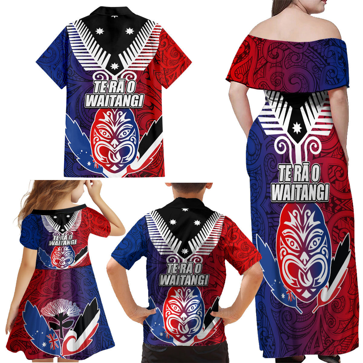 New Zealand Waitangi Family Matching Off Shoulder Maxi Dress and Hawaiian Shirt Kia Ora Maori Koruru Tiki Mask LT03 - Polynesian Pride