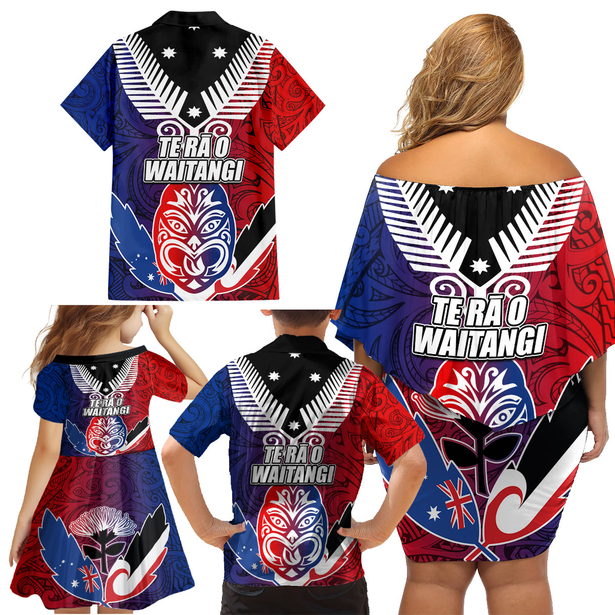 New Zealand Waitangi Family Matching Off Shoulder Short Dress and Hawaiian Shirt Kia Ora Maori Koruru Tiki Mask LT03 - Polynesian Pride