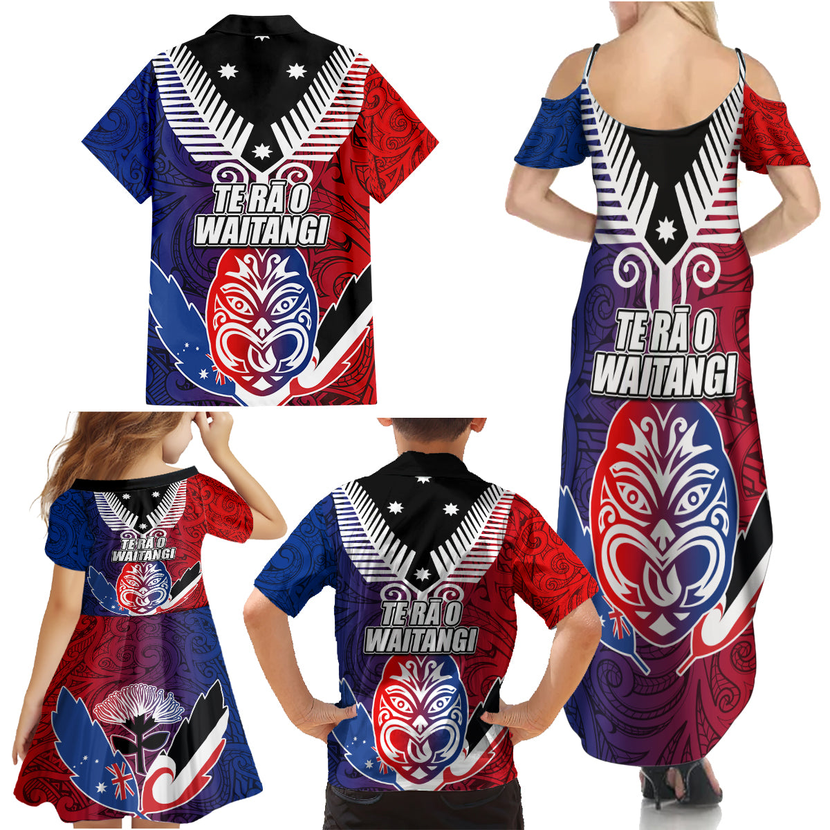 New Zealand Waitangi Family Matching Summer Maxi Dress and Hawaiian Shirt Kia Ora Maori Koruru Tiki Mask LT03 - Polynesian Pride