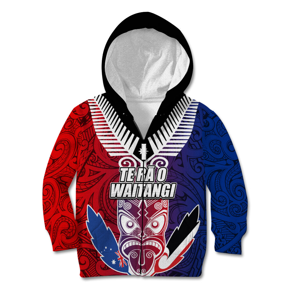 New Zealand Waitangi Kid Hoodie Kia Ora Maori Koruru Tiki Mask LT03 Zip Hoodie Red - Polynesian Pride