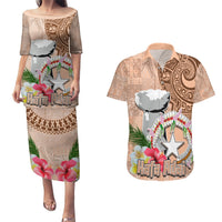Northern Mariana Islands Hafa Adai Latte Stone Couples Matching Puletasi and Hawaiian Shirt Peach Fuzz Color LT03 Peach Fuzz Color - Polynesian Pride