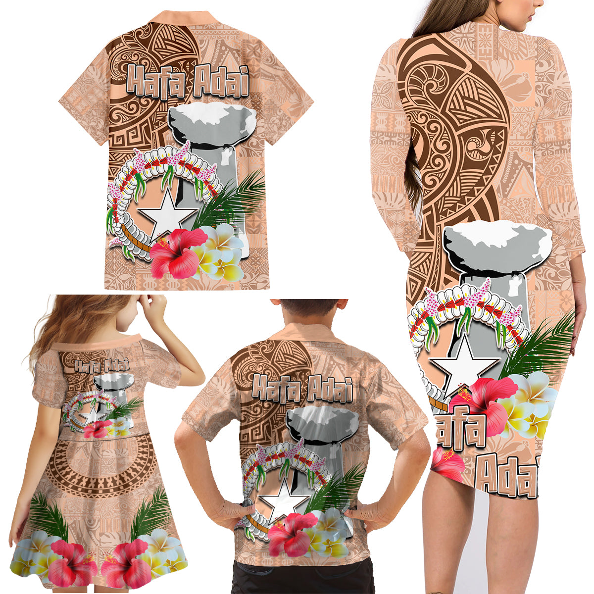 Northern Mariana Islands Hafa Adai Latte Stone Family Matching Long Sleeve Bodycon Dress and Hawaiian Shirt Peach Fuzz Color LT03 - Polynesian Pride