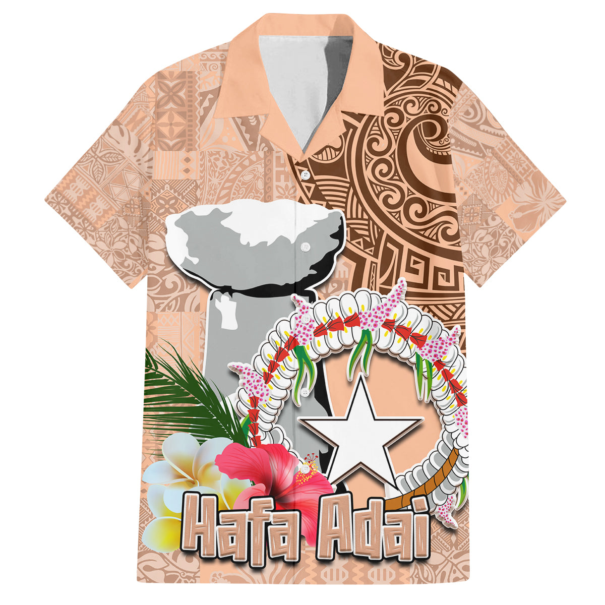 Northern Mariana Islands Hafa Adai Latte Stone Family Matching Long Sleeve Bodycon Dress and Hawaiian Shirt Peach Fuzz Color LT03 Dad's Shirt - Short Sleeve Peach Fuzz Color - Polynesian Pride