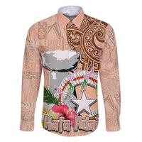 Northern Mariana Islands Hafa Adai Latte Stone Family Matching Short Sleeve Bodycon Dress and Hawaiian Shirt Peach Fuzz Color LT03 Dad's Shirt - Long Sleeve Peach Fuzz Color - Polynesian Pride